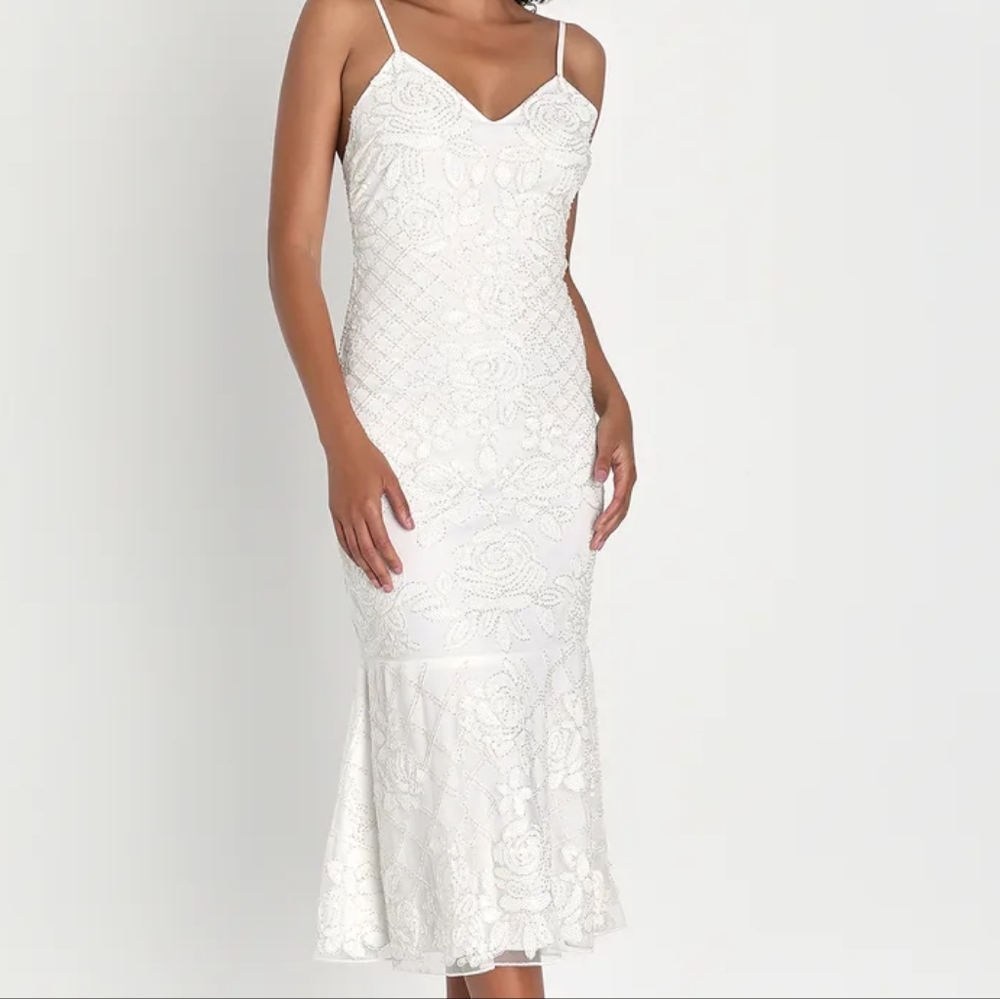 Lulu's Charismatic Love White Floral Beaded Sequin Midi Dress NWOT